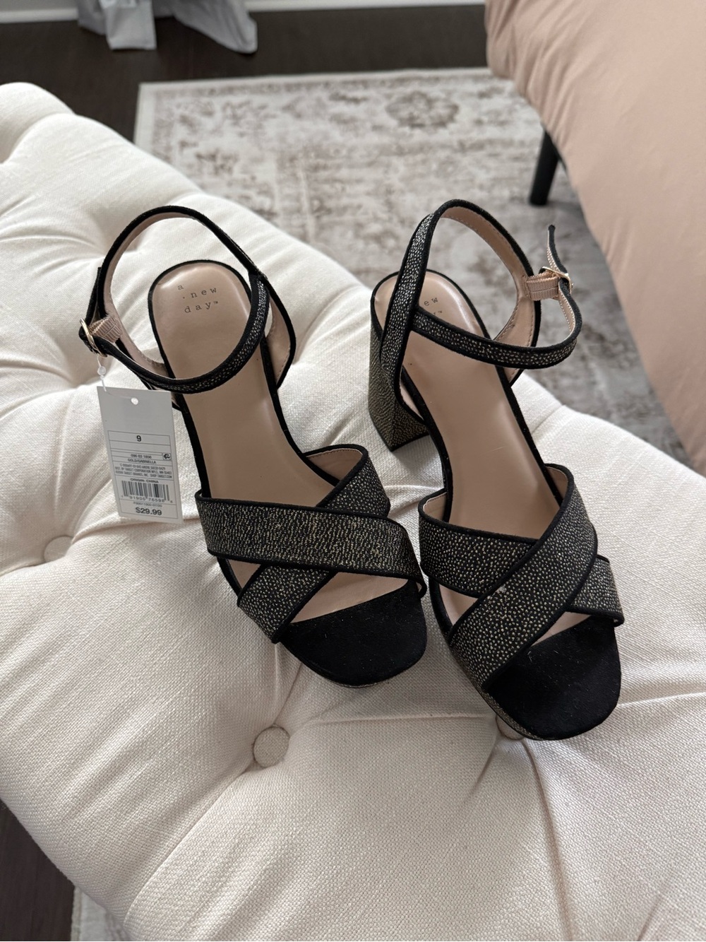 NEW a new day Black Glitter Cross-Strap Block Heels Size 9
